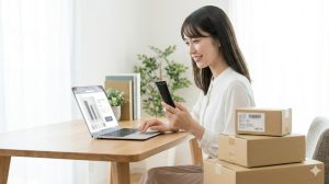スマートフォンやパソコンを使って、楽天市場に出店しているチャコット公式オンラインショップから正規品の下地を購入する日本人女性。お買い物マラソンなどのイベント時には、ポイント還元でお得に購入できる。