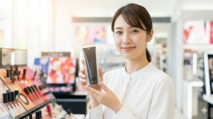 最新のコスメティックアイテムが並ぶ、日本の都市部にある明るく清潔な大型バラエティショップのコスメ売り場。チャコット下地を実際に手にとって購入し、満足した表情を浮かべる日本人女性。実店舗と通販、それぞれのメリットを理解して、自分に最適な場所でチャコット下地を手に入れよう。