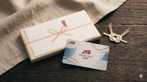 木目調のテーブルに置かれた、きれいに包装されたJTBの商品券（紙）とトラベルギフト（カード）。