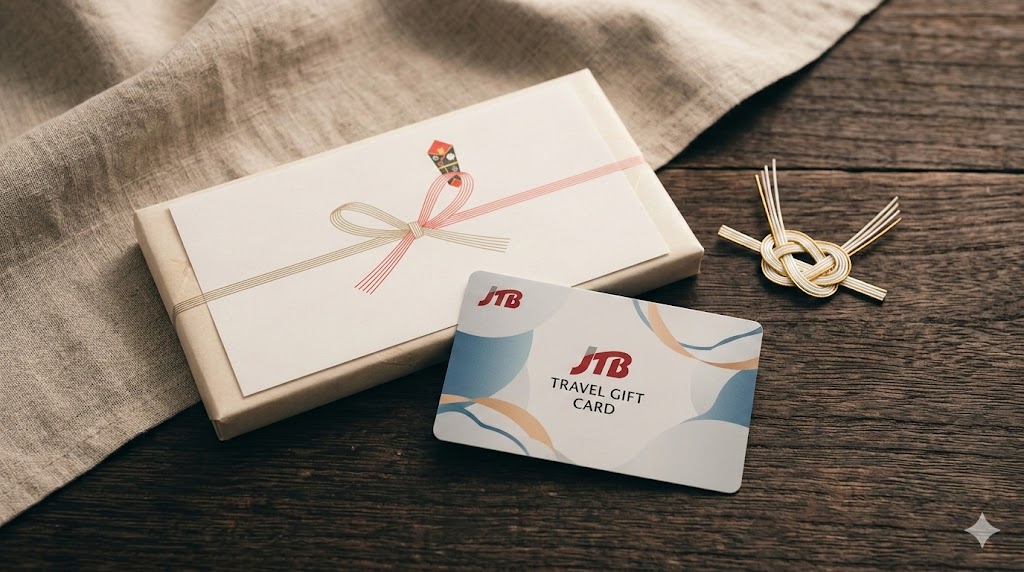 木目調のテーブルに置かれた、きれいに包装されたJTBの商品券（紙）とトラベルギフト（カード）。