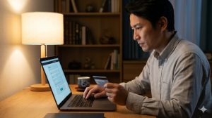夜間、自宅のパソコンでJTB公式ウェブサイトからギフト券を購入する日本人男性。