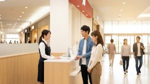 イオンモール内にあるJTBの旅行窓口でスタッフに相談する日本人夫婦。