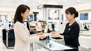 百貨店の化粧品売り場で、JTBナイスギフトを使用して買い物をする日本人女性。