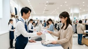 ショッピングモール内の衣料品店で、有人レジのスタッフにJTBナイスギフトを渡す日本人女性。