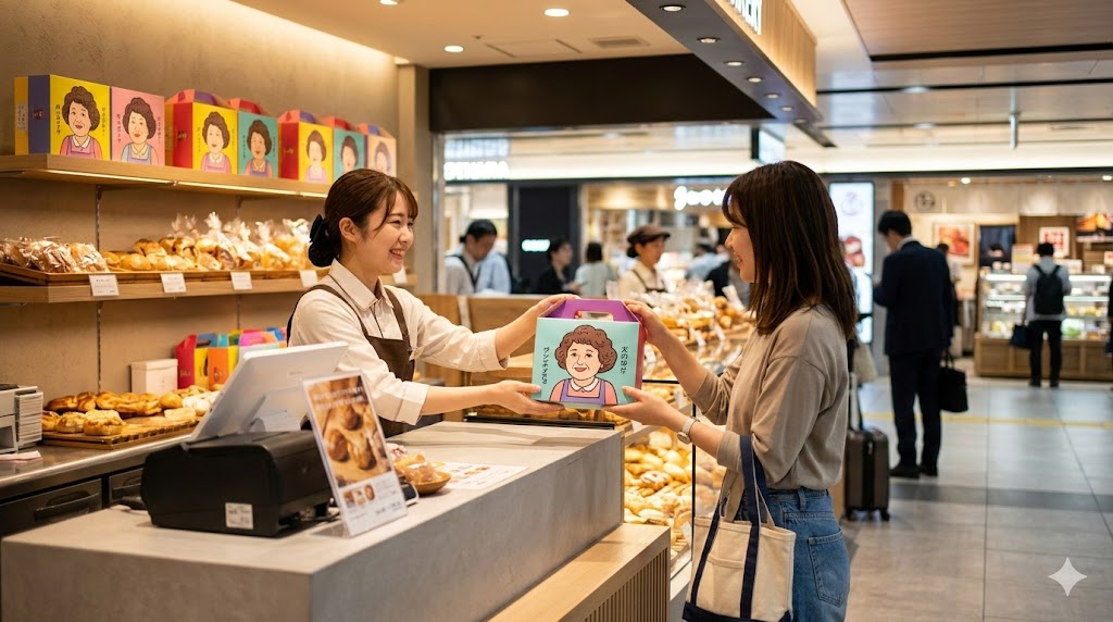 大阪の駅ナカベーカリーでお土産の「おかんパン」セットを受け取る日本人女性客。