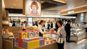 大阪の阪神梅田本店地下1階「阪神食品館」で「おかんパン」の特設コーナーを見つける日本人女性客。