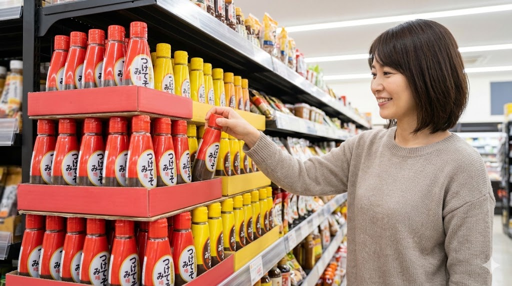 名古屋のスーパーの味噌売り場で、陳列された「つけてみそ かけてみそ」を手にする日本人女性。地元の流通状況を伝える写真。