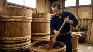 180年以上の歴史を持つ名古屋の老舗味噌蔵「ナカモ」で、伝統的な木桶から味噌を汲み出す熟練職人。伝統製法へのこだわりを象徴する。
画像4