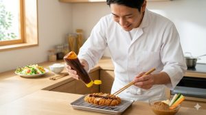 揚げたての味噌カツに、ナカモの「つけてみそ かけてみそ」をかける日本人シェフ。様々な料理に合う万能性を表現。