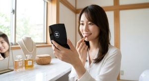 自宅で、自然光の中でシャネルのダブルコンパクトミラー（ミロワール ドゥーブル ファセット）を使い、笑顔でメイク直しをする日本人女性。高級感のある白い大理石のドレッサーと、背景の柔らかな光が日常の贅沢を表現。