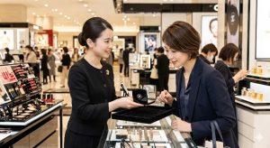 百貨店にあるシャネルのカウンターで、ビューティアドバイザーから説明を受けながら、黒いベルベットのトレイ上のミラー（ミロワール ドゥーブル ファセット）を手に取って確認する日本人女性客。