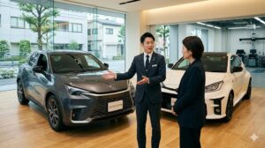 日本人レクサス認定中古車セールススタッフと、LBX MORIZO RRやGRヤリスなどの代替案について相談する日本人顧客