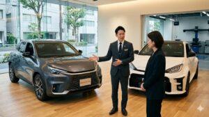 静寂なレクサス LBX MORIZO RRの車内で、マークレビンソンオーディオの立体音響に深く感動する日本人女性顧客