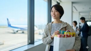 函館空港の出発ロビーで、お土産をたくさん入れた買いもの袋を手に持ち、笑顔で窓の外の飛行機を見つめる日本人女性。