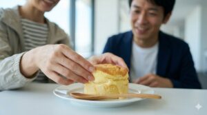 函館空港のカフェで、日本人女性の手が、白くて丸いお皿に乗ったフワフワのチーズオムレットを優しく持ち上げている接写写真。