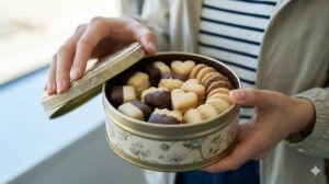 函館空港の出発ターミナルで、日本人女性の手が、上品な花柄の金属製の缶を優しく開けて、中にある色とりどりの焼き菓子を見せている接写写真。