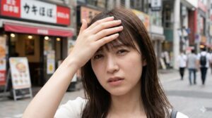 外出時の突風で前髪が崩れて困っている日本人女性。前髪グルーの必要性を伝えるイメージ。