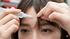 日本人女性がおでこに前髪グルーを塗布し、毛束を固定している様子。