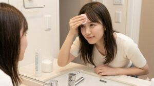 洗面所でコットンを使い、おでこの前髪グルーを優しく落とす日本人女性。