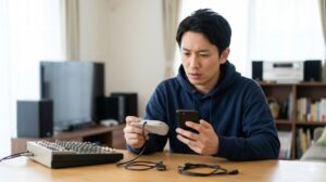 ゲームコントローラーとオーディオミキサーの接触不良に悩み、スマホで解決策を探す日本人男性。接点復活剤の必要性を示唆。