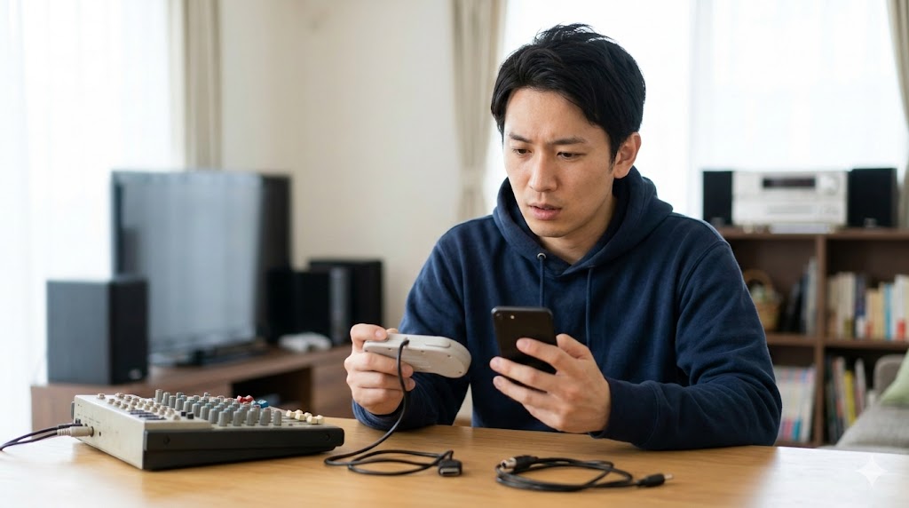 ゲームコントローラーとオーディオミキサーの接触不良に悩み、スマホで解決策を探す日本人男性。接点復活剤の必要性を示唆。