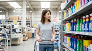 日本のホームセンターでメンテナンス用品の棚を探す日本人女性。接点復活剤を探す様子。