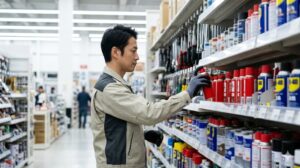 日本の大型ホームセンターのDIY売り場で、豊富に並ぶメンテナンススプレー缶の中から接点復活剤を選ぶ日本人男性。