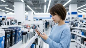 日本の家電量販店のオーディオ・PCメンテナンス売り場で、精密機器用の高級接点復活剤（サンハヤト製品など）を手に取る日本人女性。