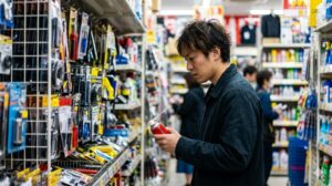 日本の家電量販店のオーディオ・PCメンテナンス売り場で、精密機器用の高級接点復活剤（サンハヤト製品など）を手に取る日本人女性。