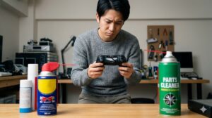 家庭用防錆潤滑剤（5-56など）やパーツクリーナーを接点に誤用し、プラスチック外装がひび割れて後悔する日本人男性。代用リスクを警告。