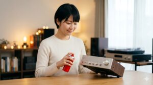 日本の自宅で、正しい接点復活剤を使ってオーディオアンプのメンテナンスに成功し、笑顔を見せる日本人女性。愛機の寿命を延ばす習慣。